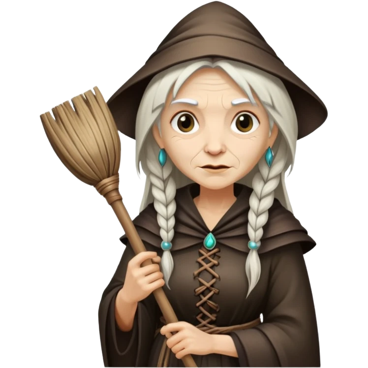 Baba Yaga sorceress woman holding a broom, old and wise emoji