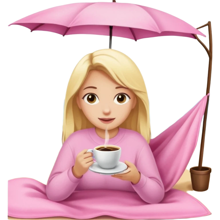 Una chica rubia envuelta en una manta con un café de color rosa pastel  emoji