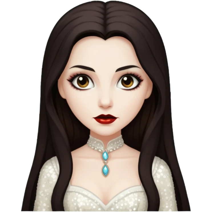 Bride of Dracula with long dark brown hair, ivory sequin outfit emoji