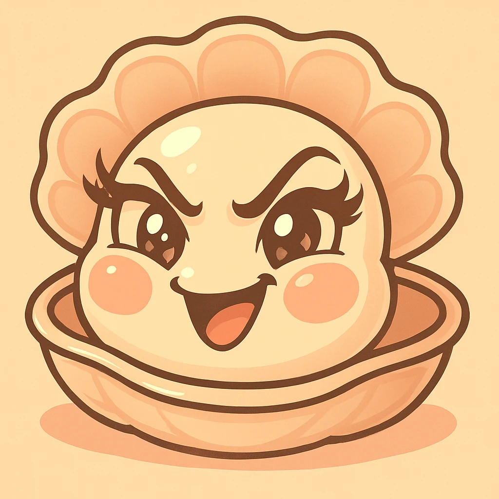 Enhance the contrasts of the image further while maintaining the very mischievous expression, very expressive and luminous eyes, elegant eyelashes, and the pastel toon style. Accentuate the pastel, pearly, cream, peach, and greige nuances strongly. Keep the big shell, the small oyster, and the background as is. emoji