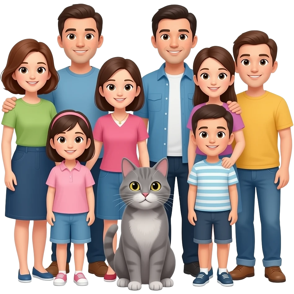 a happy family of 8 people and a grey cat emoji