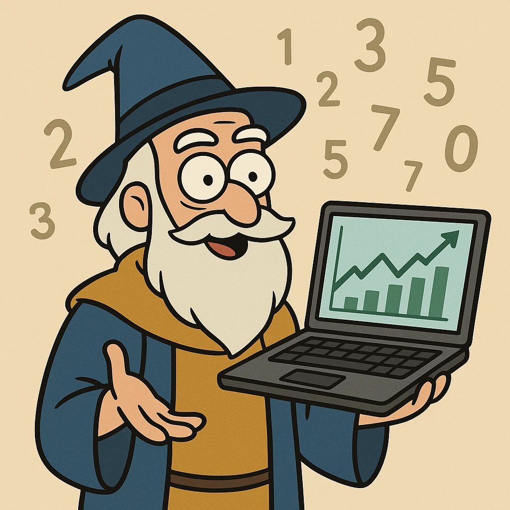 finance wizard character with a laptop in hand, finance chart visible on the laptop screen, numbers floating around, cartoon style emoji