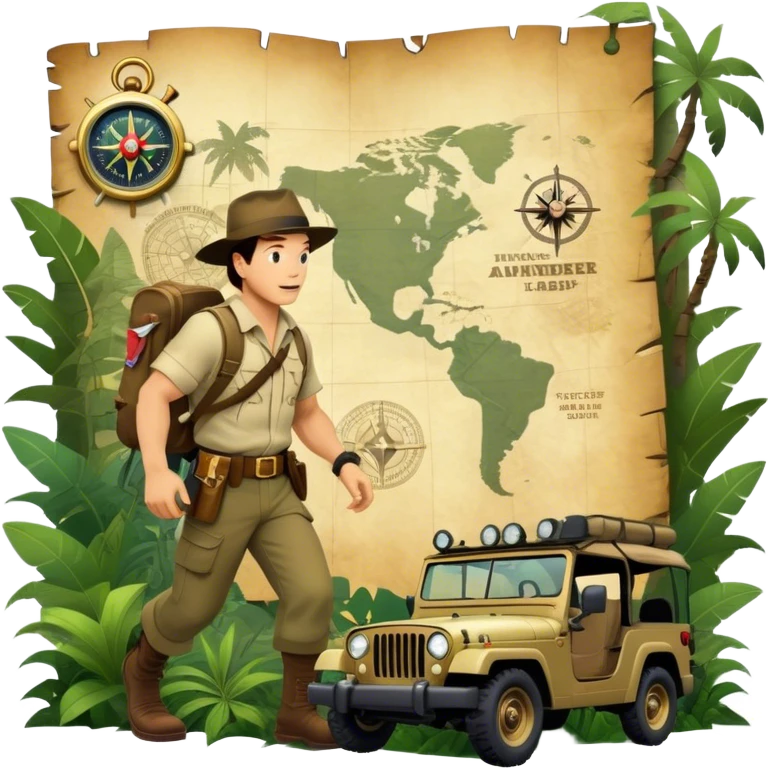 A vintage movie poster-style collage. Include action-packed elements like a treasure map, jungle scenes, a rugged explorer with a compass and a speeding jeep. Add a shadowy figure resembling close-up Mark Wahlberg in adventurous gear. Jungle background. Transparent background. emoji