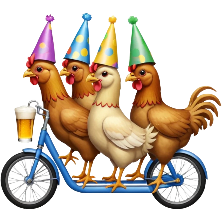 Ten chickens riding  a partybike while drinking beer emoji