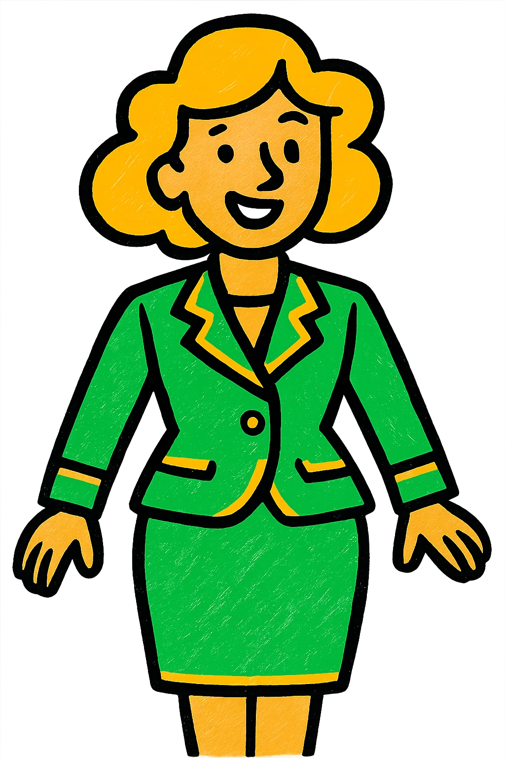 woman in a suit, classic look, green gold and white color scheme, elegant lines, decorative details emoji