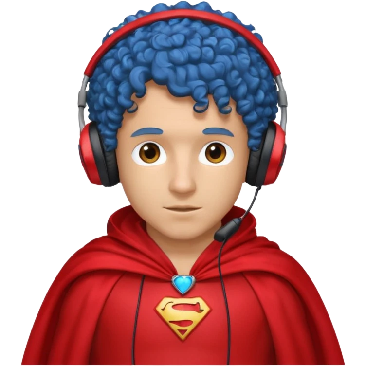 blue curly haired man with headphone and red costumes  emoji