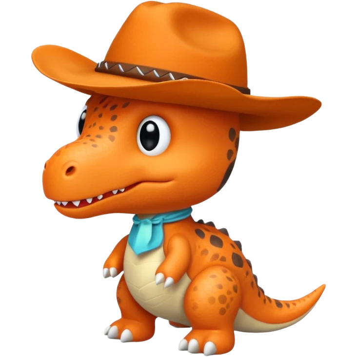 A emoji of a small dino plushie that's orange with a cowboy hat emoji
