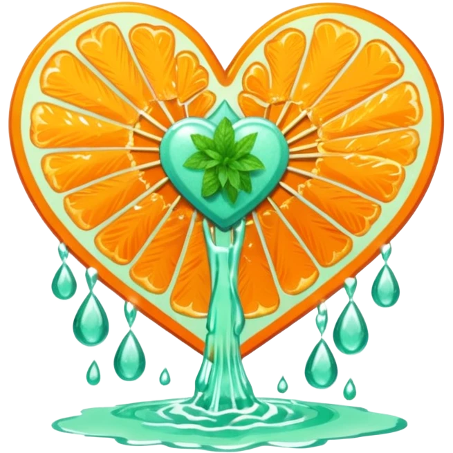 orange glittery heart, chopped  in pieces  with mint green water dripping down and a couple art deco fans  emoji