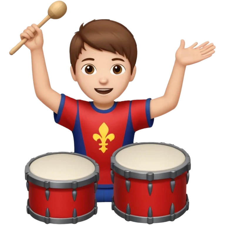 A young boy wearing team colors, banging a small drum excitedly. emoji