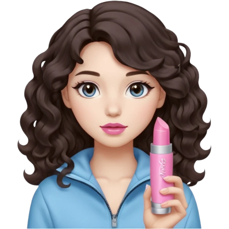 A girl with soft loose wavy curls (not tight), dark brown hair with natural volume, round-almond Douyin-style eyes with long curled lashes, cool-tone neutral makeup. She’s wearing a light-blue athletic outfit and holding a normal-size pink lipstick in one hand.. emoji