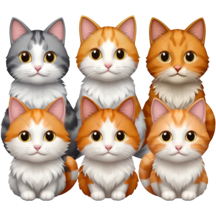 6 cats with different coloured coats, 2 are grey and white, 1 is grey with a little white, 1 calico, 1 brown tabby and white and one ginger and white emoji