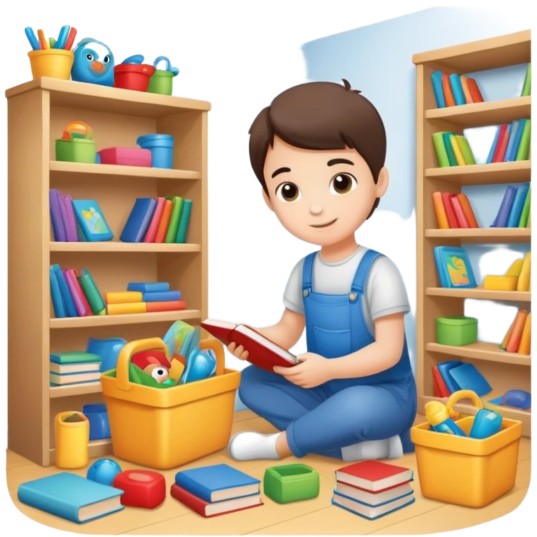 child tidying up their room, putting toys and books away, cheerful and organized emoji