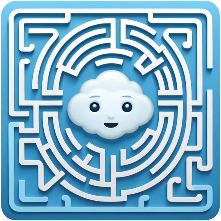 An icon of a face-down card. The card's back features a minimalist labyrinth/maze pattern in light blue on a dark blue background. The maze paths subtly connect to form the shape of a cloud in the center. Simple, geometric, for a small app icon. emoji