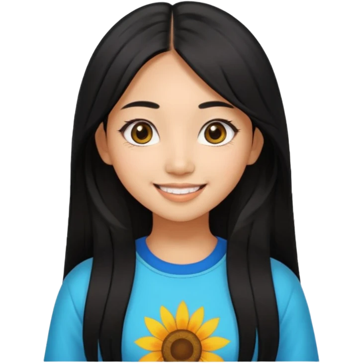 20 yr old asian woman hair trendy clothes center part big eyes big smile tanned skin straight black hair hippie part hair  emoji