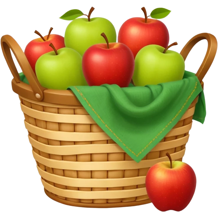 woven basket with apples and cloth on a white wooden chair, yellow emoji