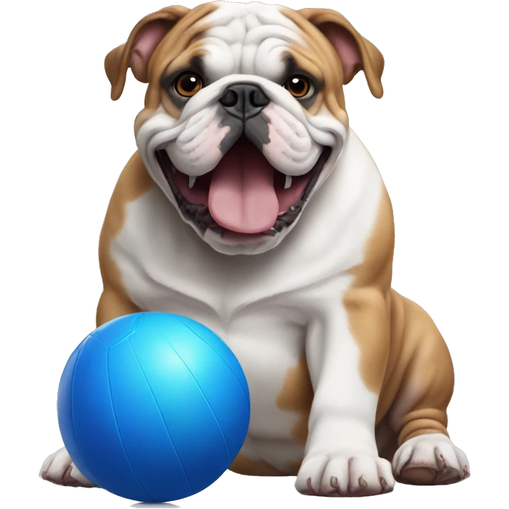 English bulldog playing with big blue ball emoji