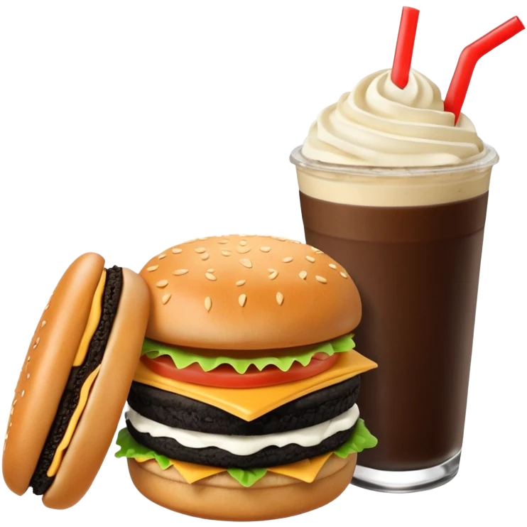 Crea una escena estilo restaurante que incluya: una 🍔 hamburguesa jugosa, un 🥤 frappé de galleta oreo en vaso de vidrio con popote, 🍟 papas fritas emoji