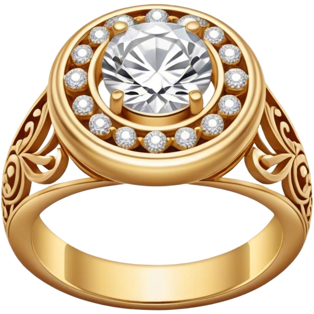 A gold ring with an intricate, elegant engraved design, featuring a sparkling diamond centerpiece, smooth polished finish emoji