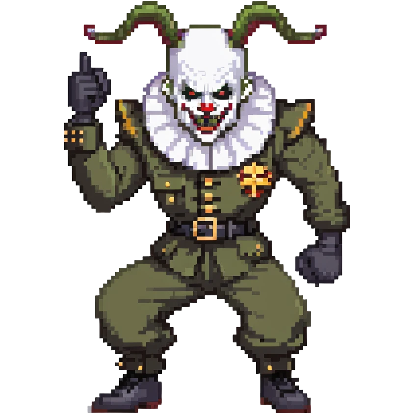 evil clown soldier, bald, small black satan horns on forehead, fangs, pointed ears, black and military green clothes with bellbottom pants, realistically proportioned, less bulky, full body, fighting stance emoji
