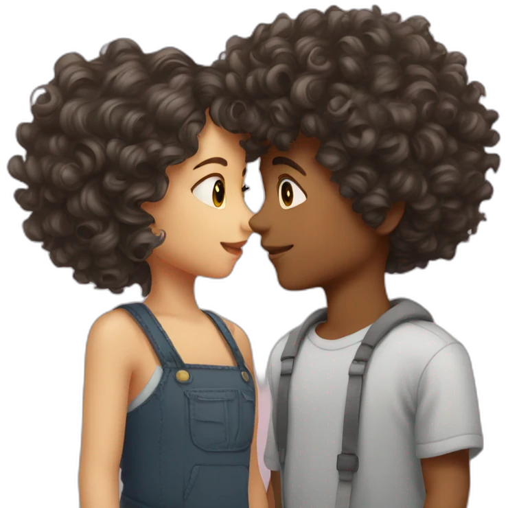 Boy with curly hair and girl with wavy hair kissing emoji
