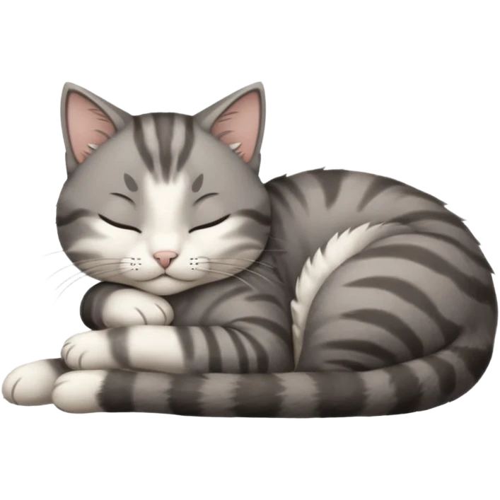dark grey and white small cat with his eyes closed lying down leaning on its elbow with its paw curled under its head holding it up emoji