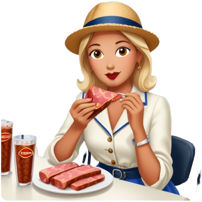  paris women eating SPAM meat at cafe landscape  emoji