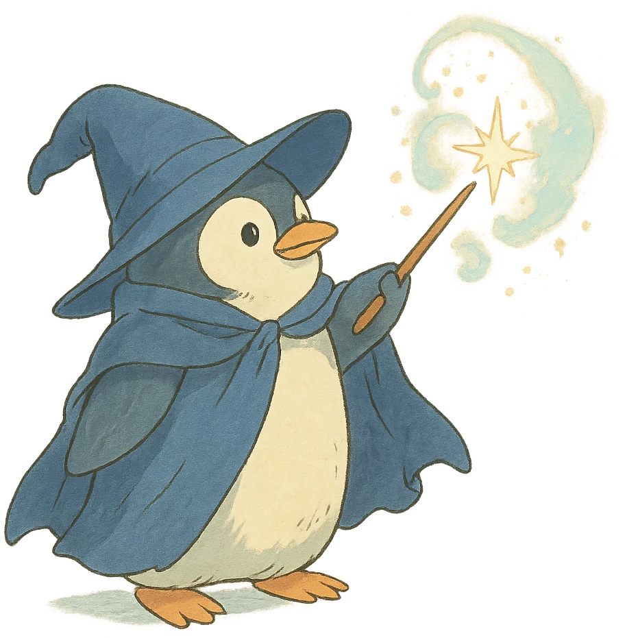 ghibli style penguin wizard casting a spell, soft colors emoji