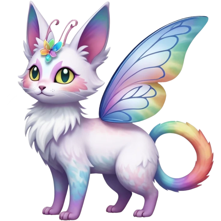 Pure-snow-White albino iridescent with pastel rainbow-gradients-color-markings with swirly patterns butterflies  faerie-Noivern-Noibat-Purloin-Torracat-Lykoi-Caracal-cat-Fakemon-fusion-hybrid-creature emoji