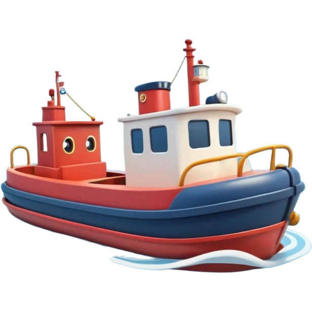 A 3D cartoon tugboat towing another boat on calm blue water, soft waves, clear sky, Memoji-style. emoji