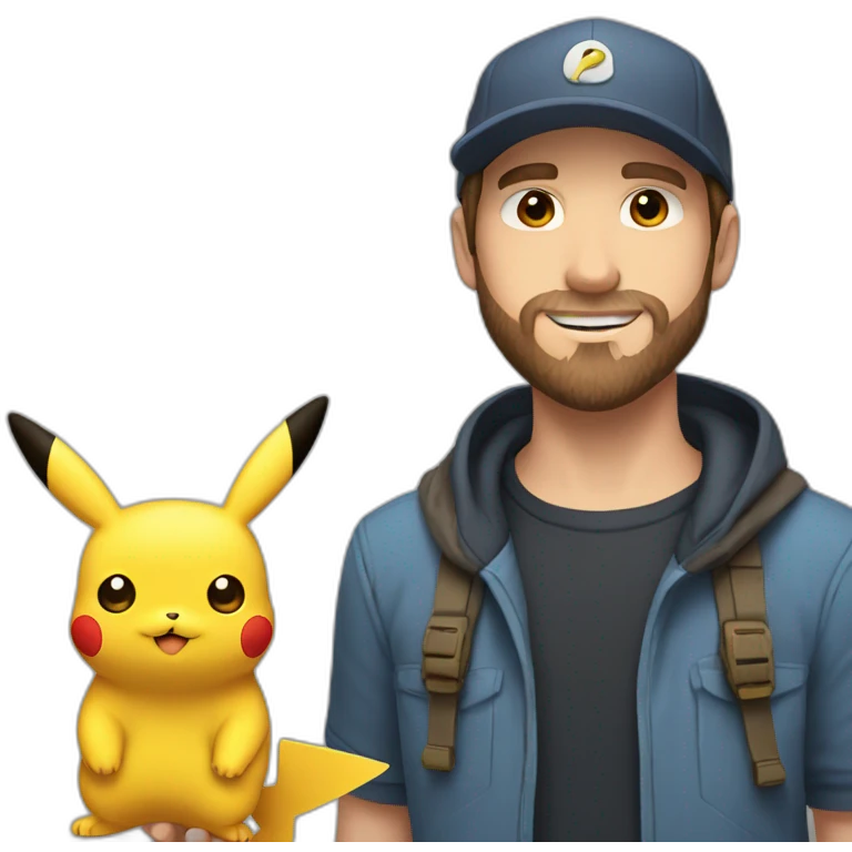 white man with brown hair and beard and a cap, holding and a pikachu pokemon emoji
