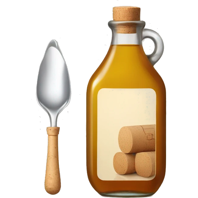 bottle of vinegar with the cork and a nozzle; spoon is laying neat the bottle emoji