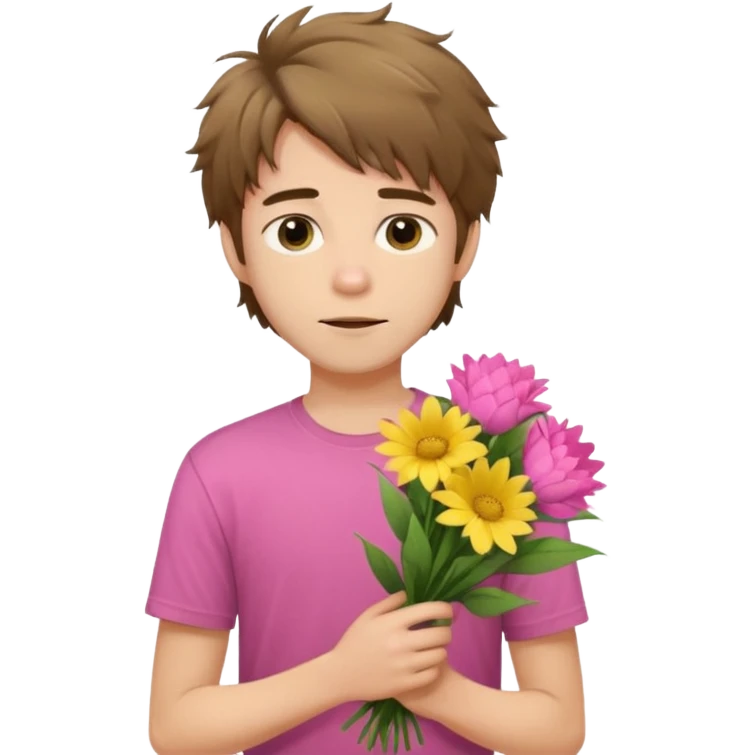 generate an ios genmoji of a 20 year old fair boy with brown long and messy hair with stubble on cheeks. carrying a pink flower bouquet, wearing a yellow tshirt, looking shy emoji