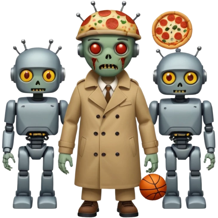 a glitch abomination with hands for a head, a baskeball stomach, pizza eyes, eyepatch, and zombie wounds, wearing trench coat, and robot crowd emoji