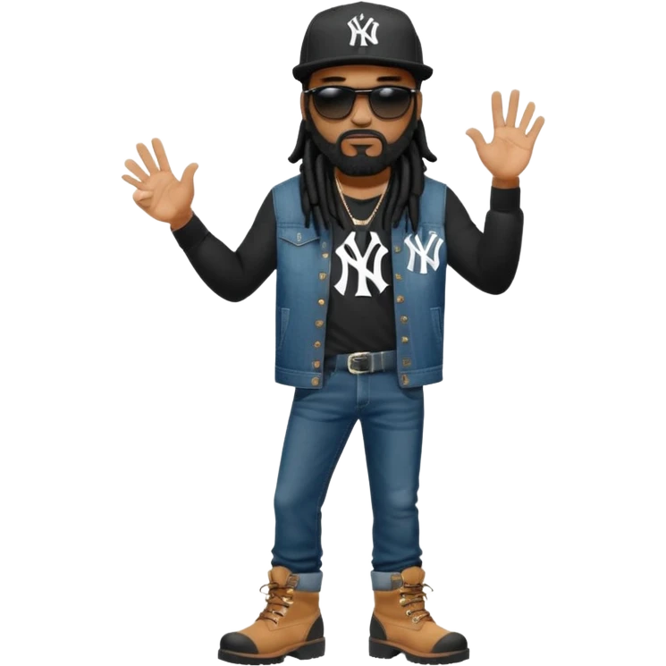 African American man with shoulder length black dreadlocks with black beard wearing black sunglasses wearing a black New York Yankees logo baseball cap wearing denim skinny jeans and timberland boots with thumbs down emoji