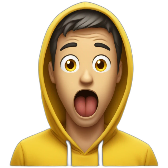 guy in a yellow hoodie is shocked, covering his mouth with  hand emoji