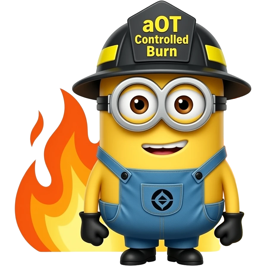 minion dressed as a  firefighter text aOT Controlled Burn on helmet flames in background emoji
