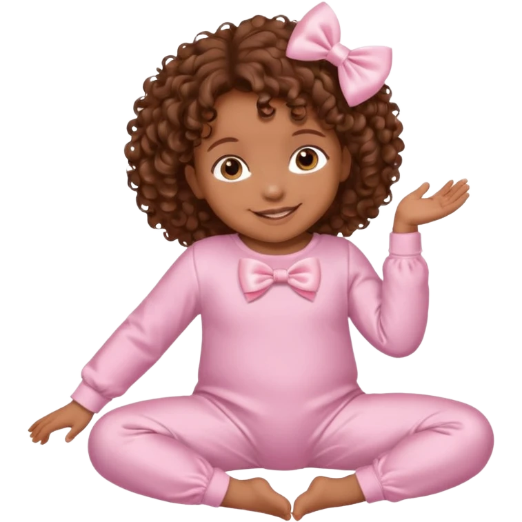 Brown skin baby with brown curly hair down laying down with satin baby pink onesie and white bow emoji