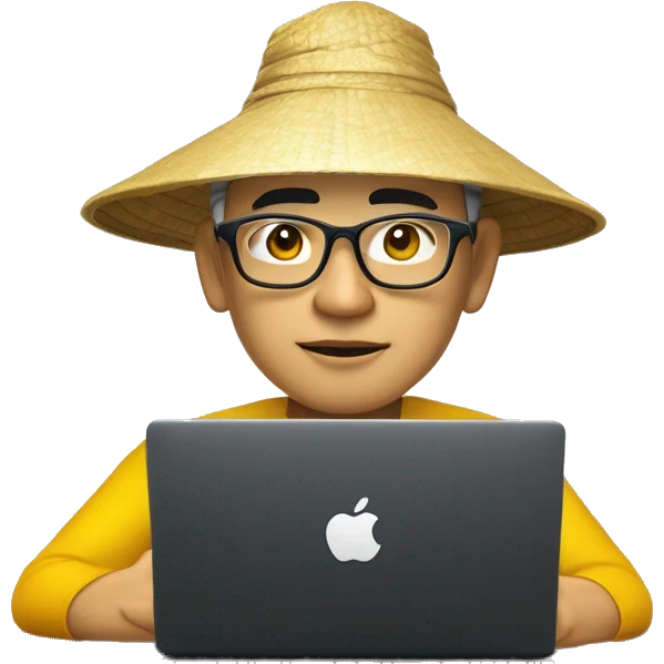 A memoji-style Vietnam man with yellow skin, wear nearsighted glasses, a traditional Vietnamese conical hat , black shirt, sitting at a desk, a cup of coffee in desk, typing on keyboard, laptop with a logo styled as '</>' in front front like macbook emoji