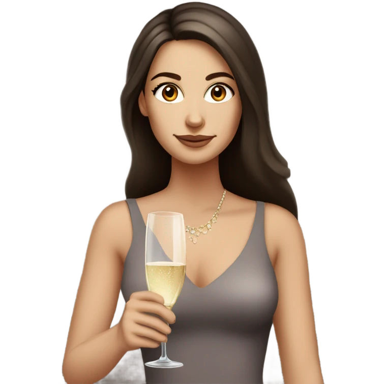 White girl with long dark brown hair and brown eyes with glass of champagne  emoji