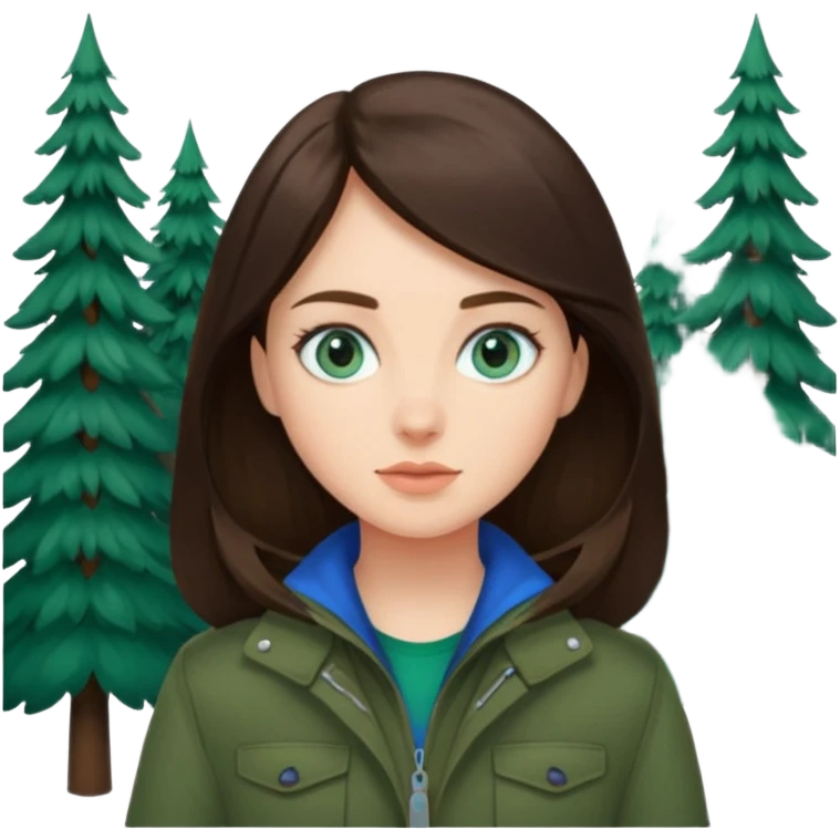 brunette with blue eyes skiing in a forest green jacket emoji