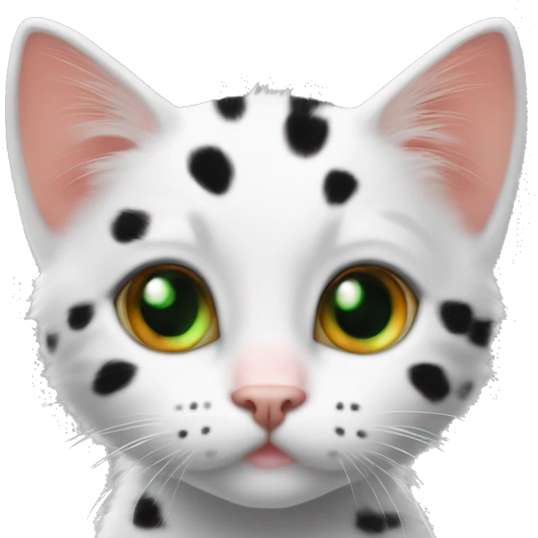 One Black White orange kitten with orange and black spots  Green eyes, pink nose  Black spot on left eye  Orange spot on right eye  On all four paws emoji