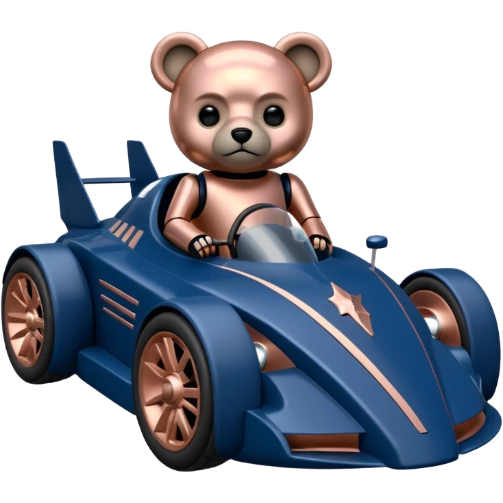  Carbonized Metallic dark blue and rosegold-accented  racing car for furry-faced grey bearded evil alien scary robot teddy bear and passenger with custom aero body and rear spoiler (Star Wars style) emoji