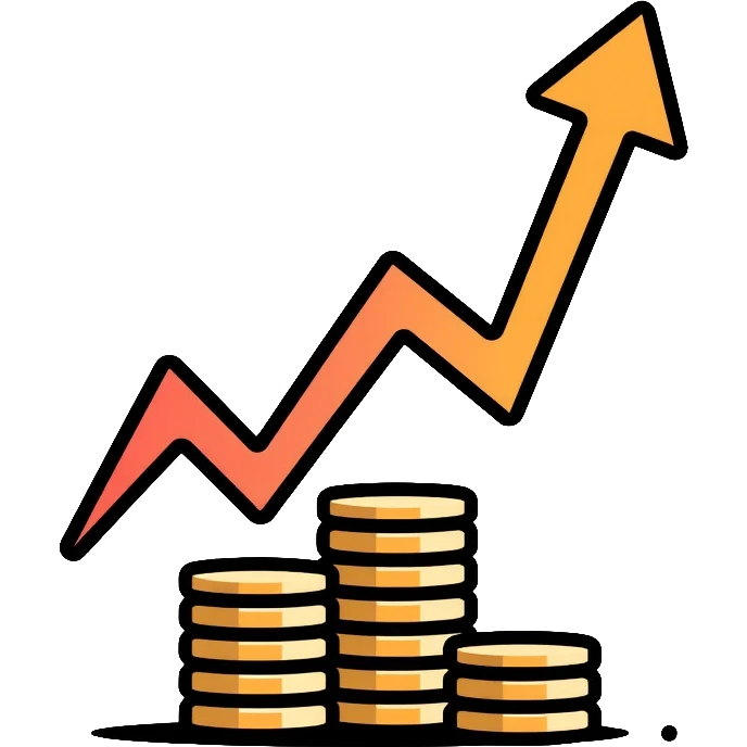 upward arrow beside a small stack of gold coins, beauty business financial growth symbol emoji
