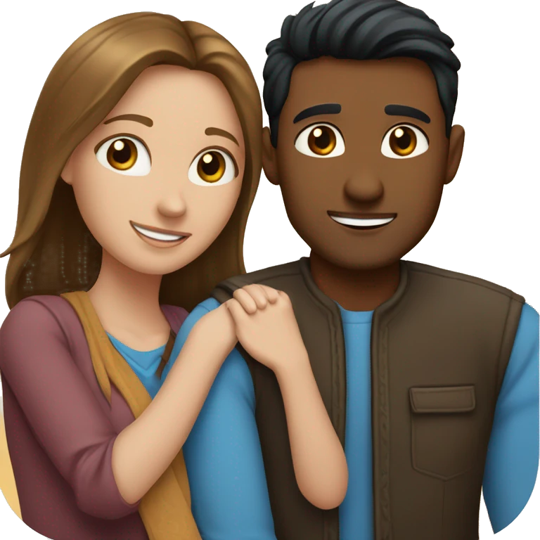 Couple embracing with arms around each other; white woman with blue eyes and brown hair, Indian man with black hair  emoji