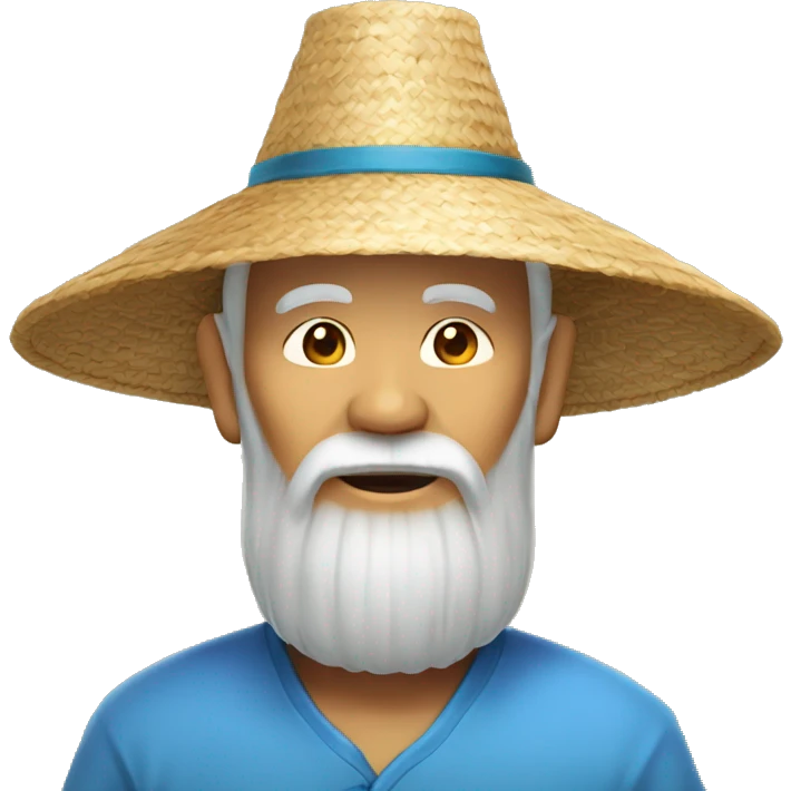 Old Chinese man with traditional straw Chinese hat with a long beard a blue shirt on emoji