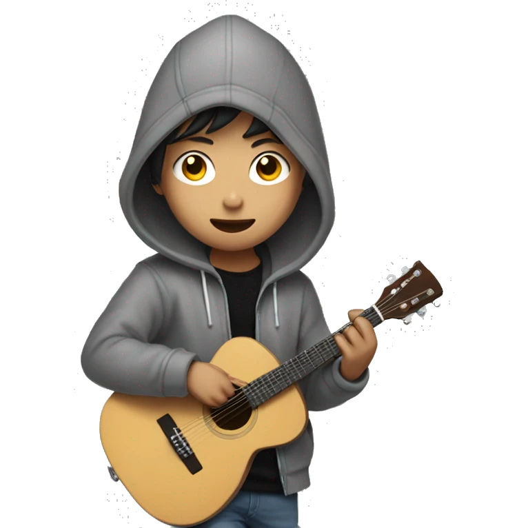 korean boy in unbuttoned grey hoodie jacket playing guitar with black t shirt inside emoji