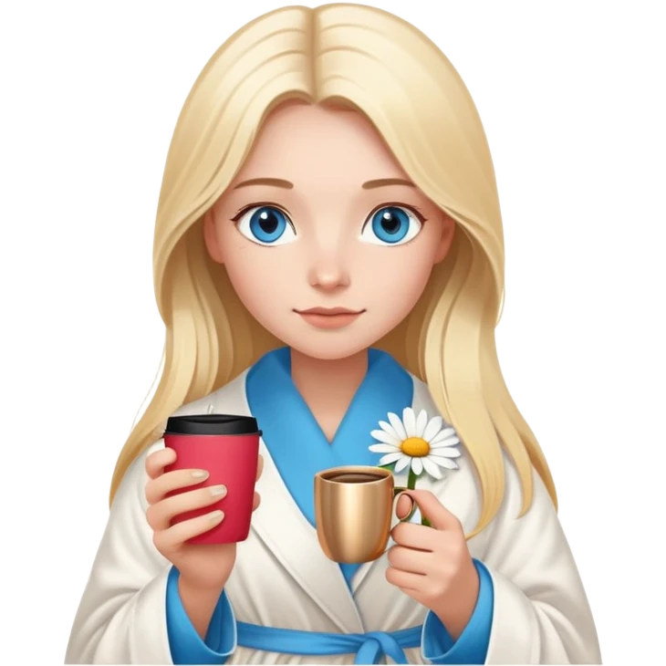 girl
blue eyes
long blond hair with daisy in it
wearing housecoat
holding a mug of coffee
wearing rose gold apple watch  emoji