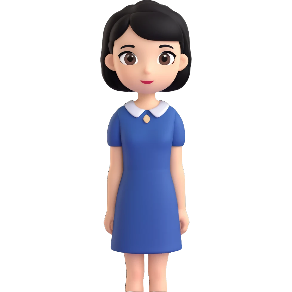 A girl with black hair, dark brown eyes, a beautiful face, short, straight hair to the shoulders, and a navy blue dress. emoji