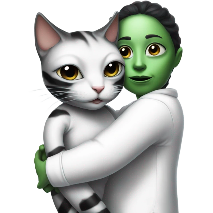 Reptilian alien woman meditation in white pajamas, hugs a black white cat emoji
