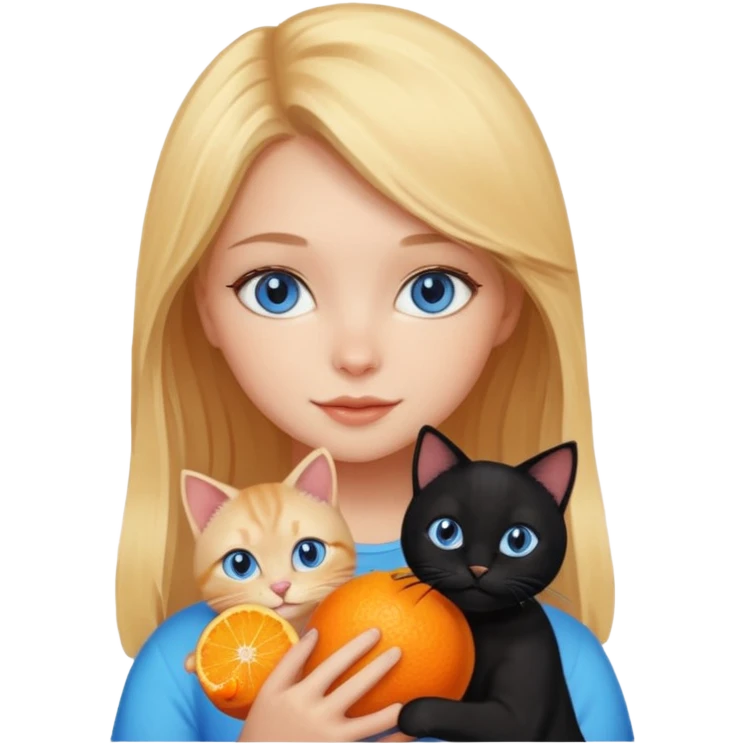 Cute blonde girl with blue eyes holding an orange cat and a black cat emoji